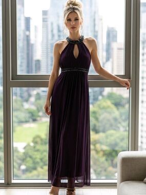 🔹️Cache Eggplant Beaded Halter Formal Maxi Dress Size 4